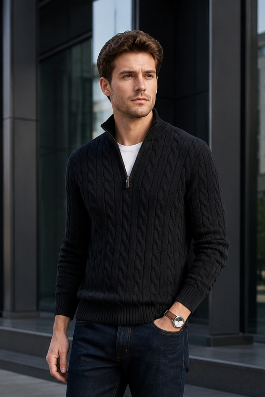 VALERIQUE | Pull en Maille Torsadée pour Homme – Col Montant Fermeture Quart de Zip
