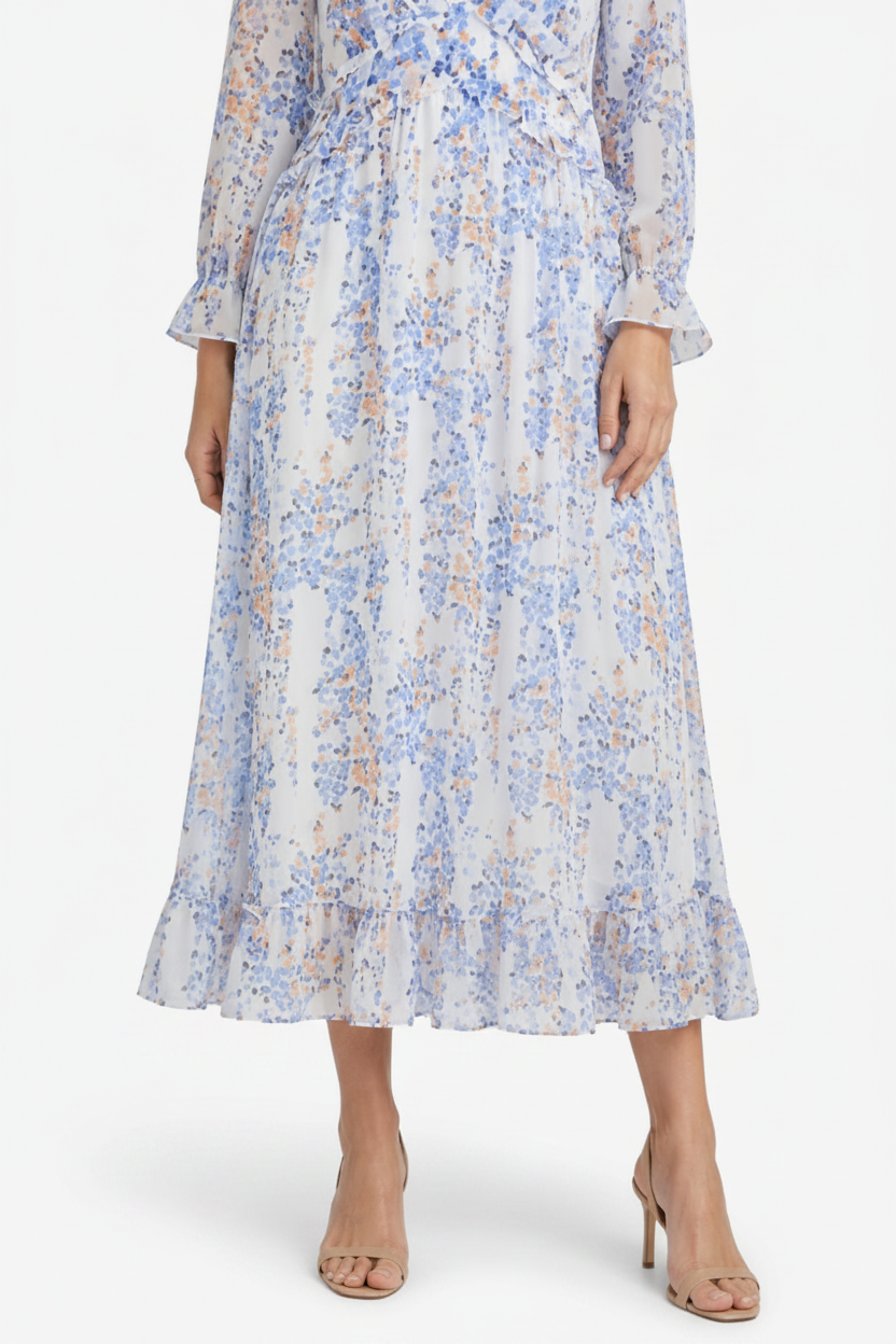 VALERIQUE | Femme Robe Longue Décontractée en Mélange de Coton Bleu et Blanc, Manches Longues, Col en V Profond