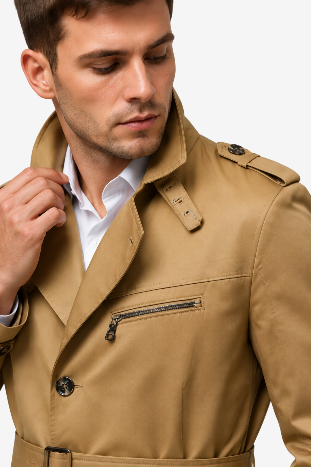 VALERIQUE | Trench-coat pour homme à ceinture – Col à revers et fermeture boutonnée