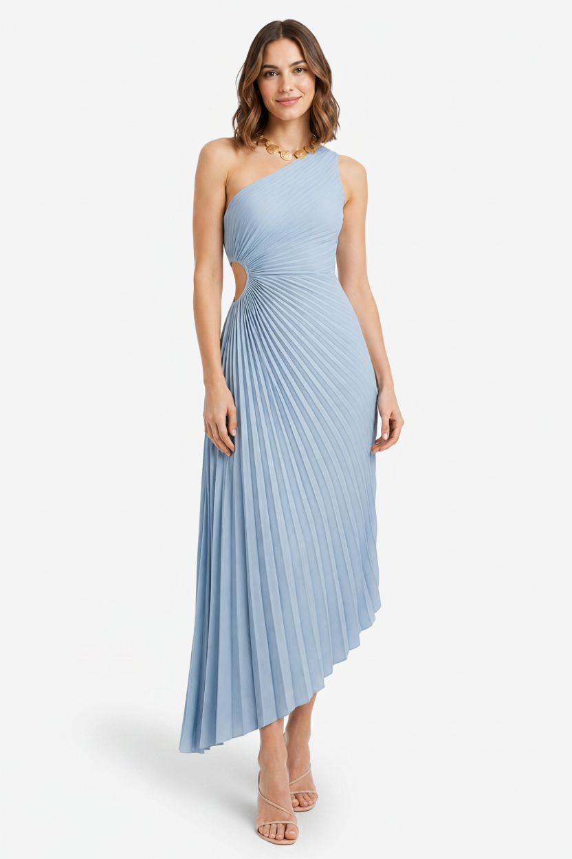 VALERIQUE | Robe Midi Plissée Asymétrique en Coton Léger pour Femme – Une Épaule