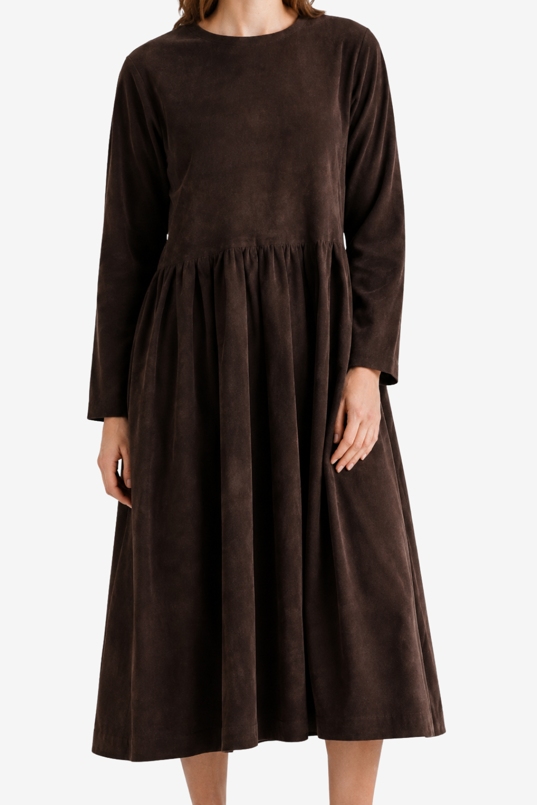VALERIQUE | Robe Midi Plissée pour Femme – Col Rond Coupe Décontractée Manches Longues
