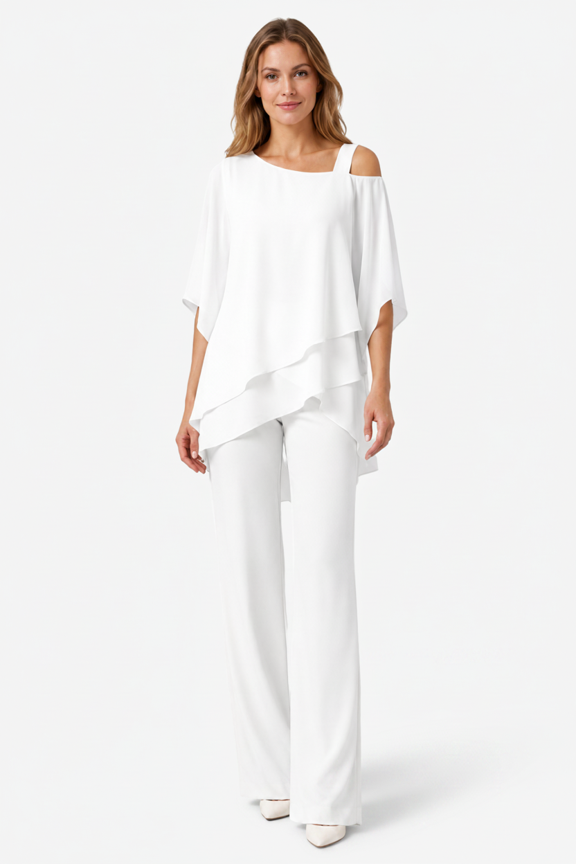 VALERIQUE | Ensemble Deux Pièces en Mousseline pour Femme – Haut Asymétrique et Pantalon Large