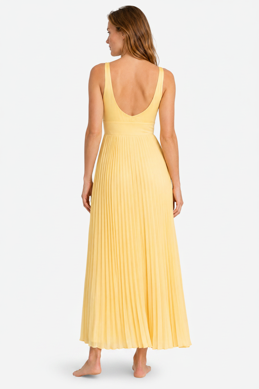 VALERIQUE | Robe Maxi Plissée Jaune pour Femme – Col V et Sans Manches