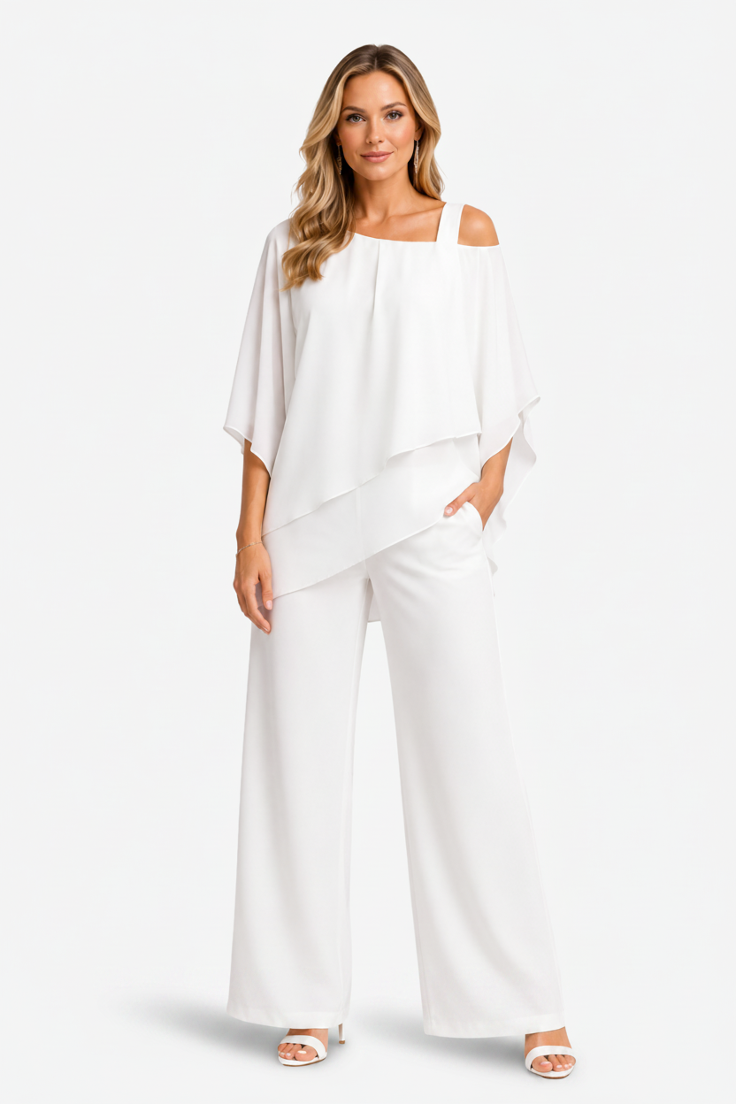 VALERIQUE | Ensemble Deux Pièces pour Femme – Haut Superposé Asymétrique Pantalon Large Design Élégant