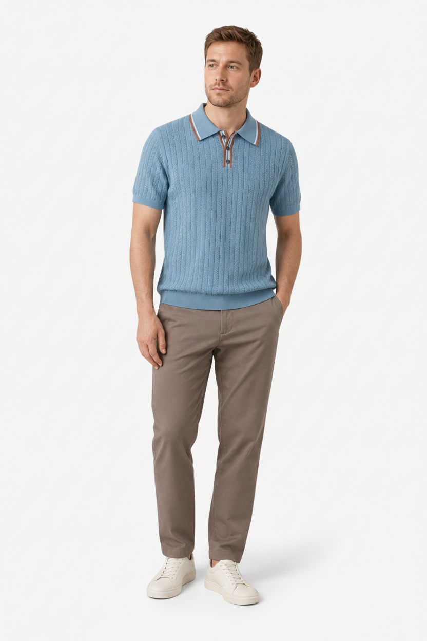 VALERIQUE | Polo Texturé en Maille Légère en Coton pour Homme – Col Contrasté Décontracté