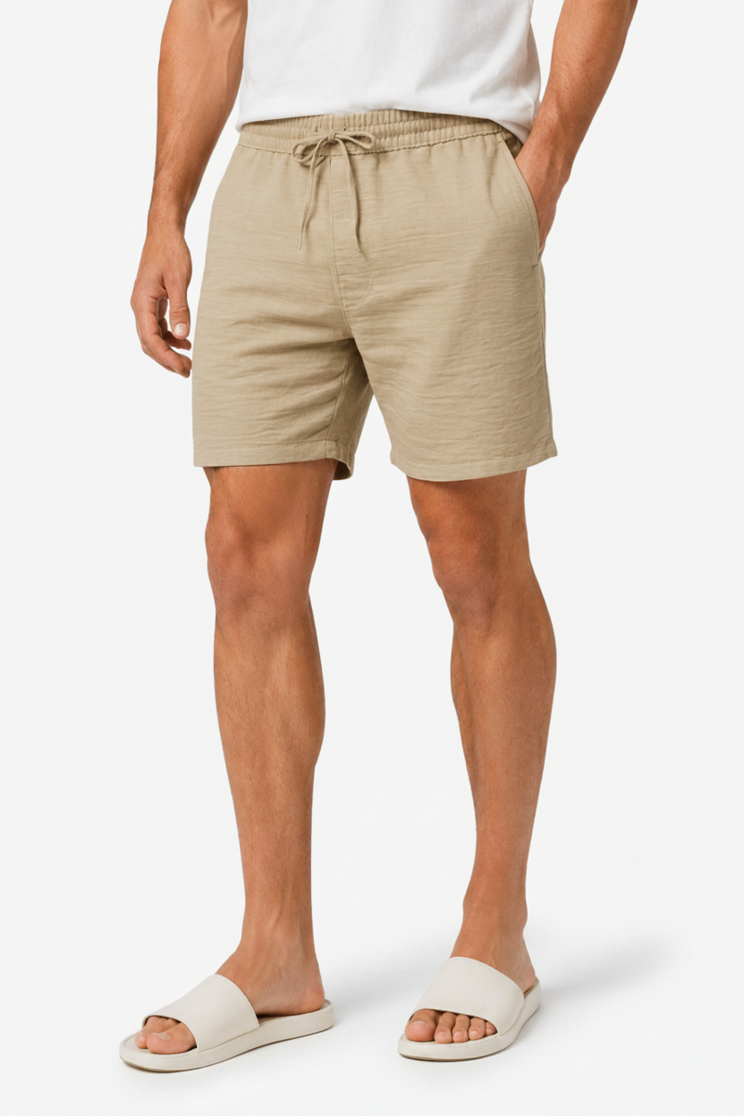VALERIQUE | Homme Short Décontracté en Mousseline Beige - Taille Élastiquée avec Cordon de Serrage, Poches Latérales