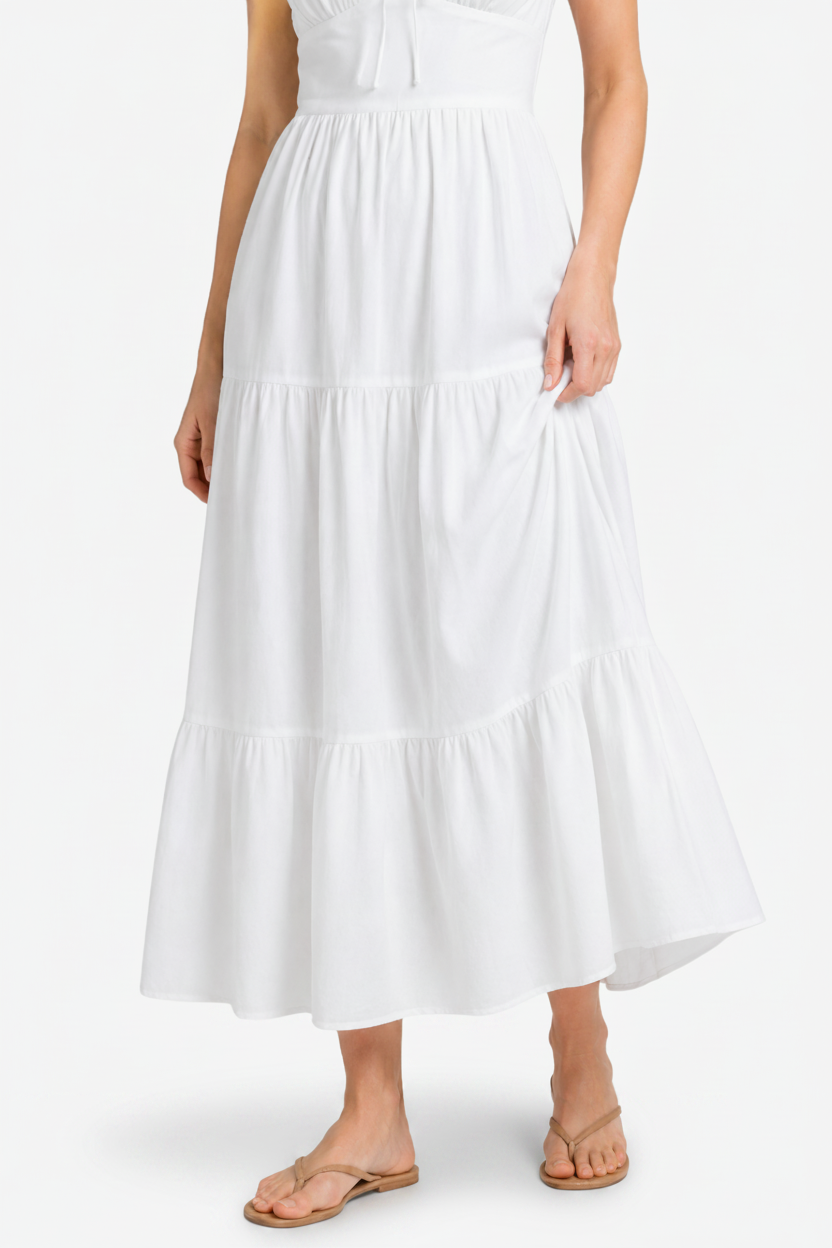 VALERIQUE | Femme Robe Maxi Décontractée en Mélange de Coton Blanc et Noir, Bretelles Fines, Col en V Profond