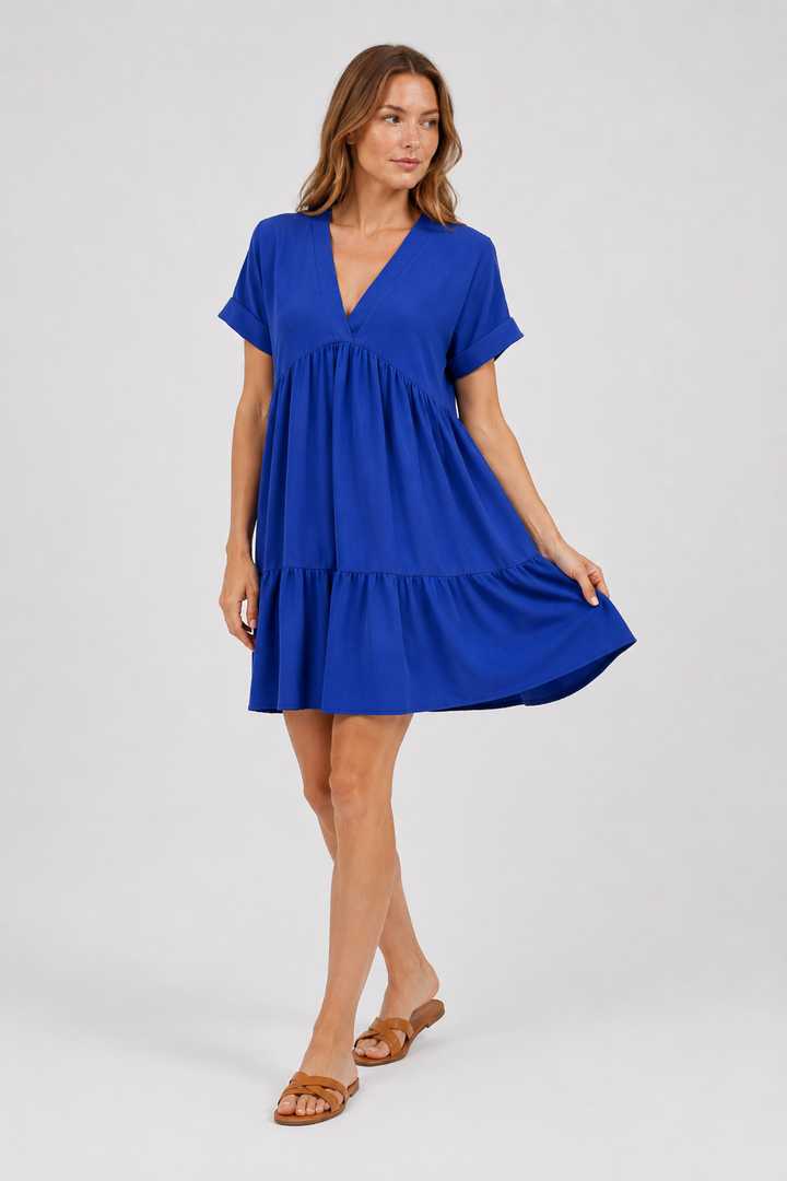 VALERIQUE | Robe Ample Col V pour Femme – Manches Courtes et Froncée