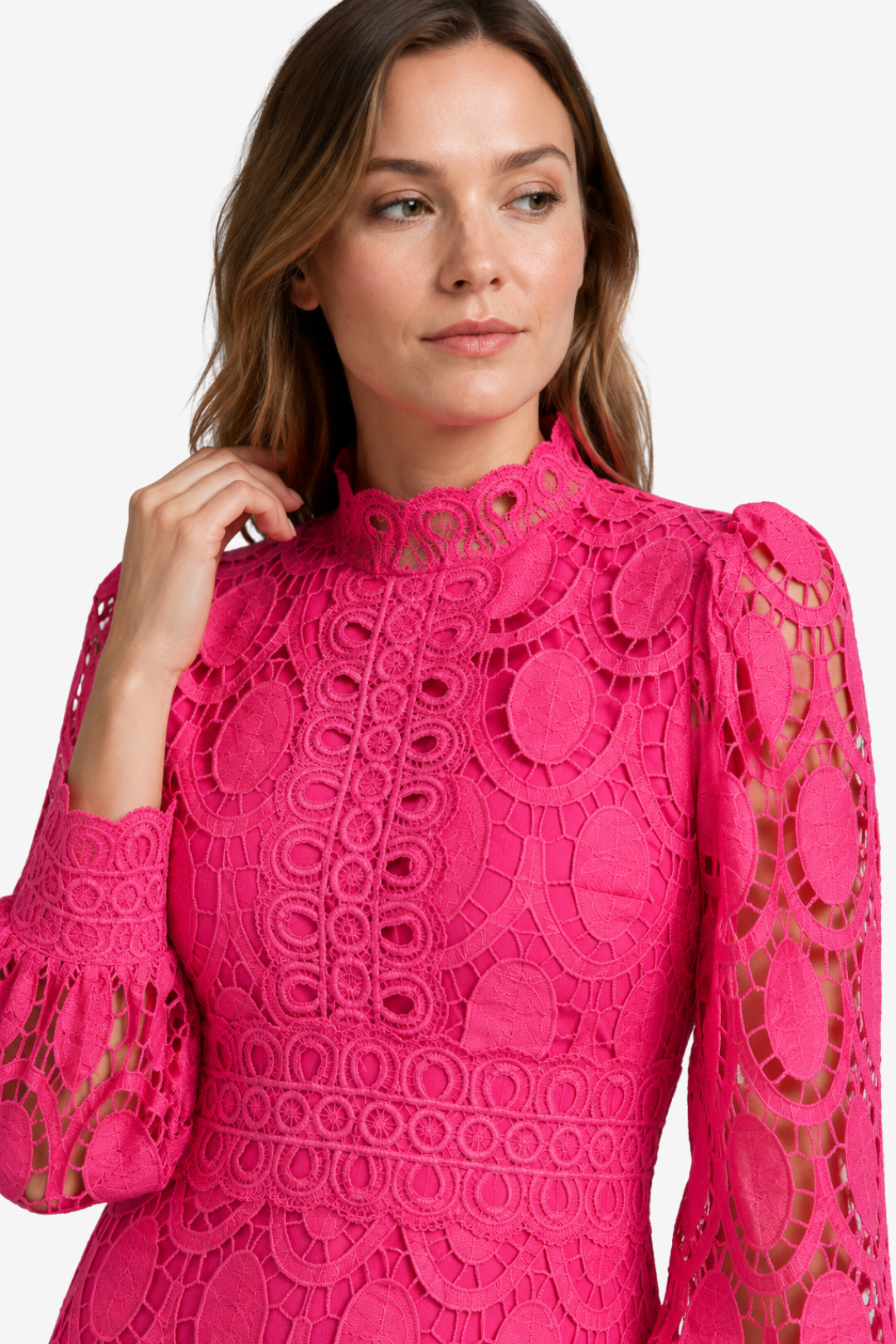 VALERIQUE | Robe Midi en Dentelle pour Femme – Col Haut et Manches Longues