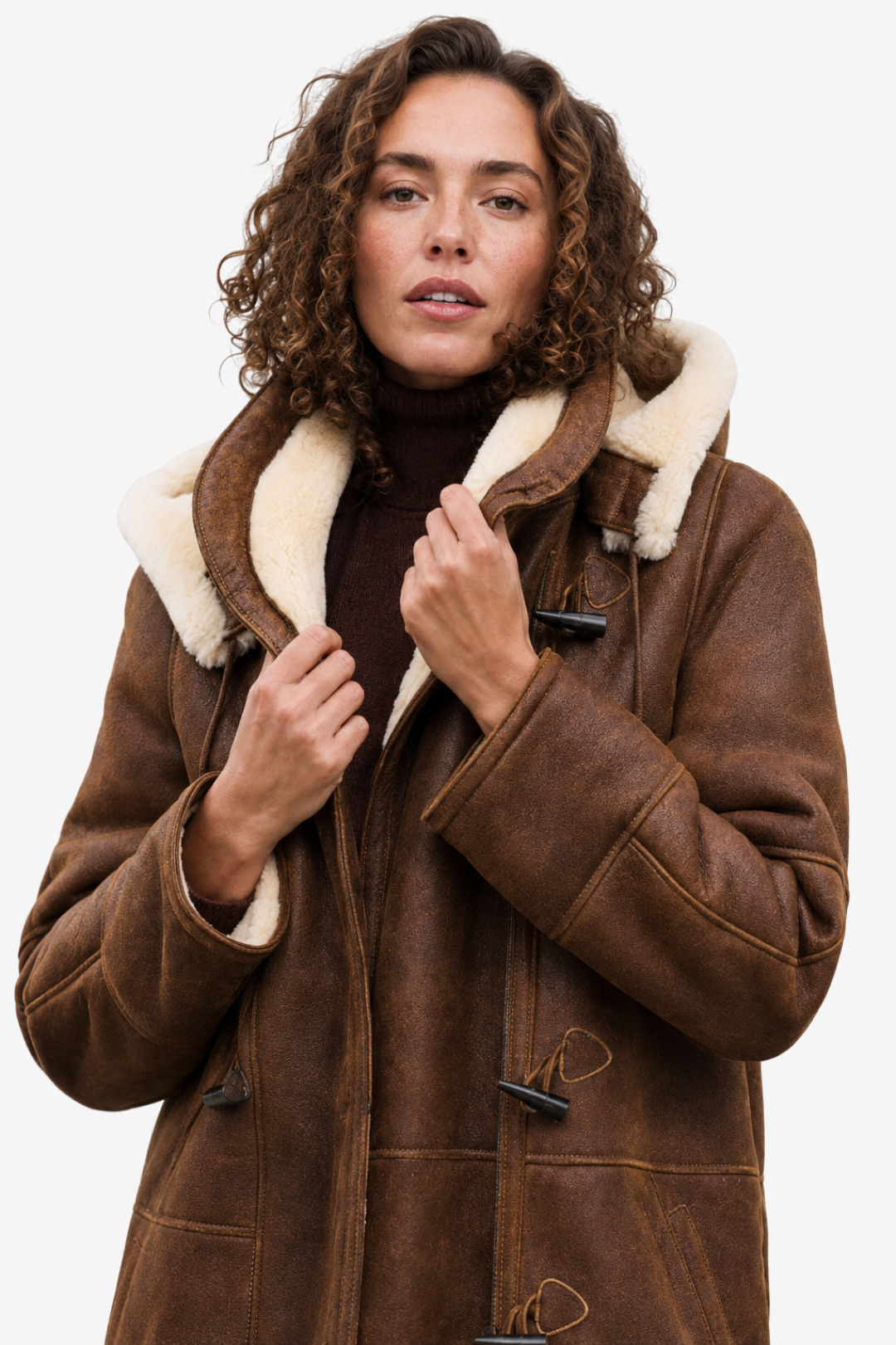 VALERIQUE | Manteau Effet Peau Lainée pour Femme – Capuche Fermetures à Brandebourgs Coupe Longue