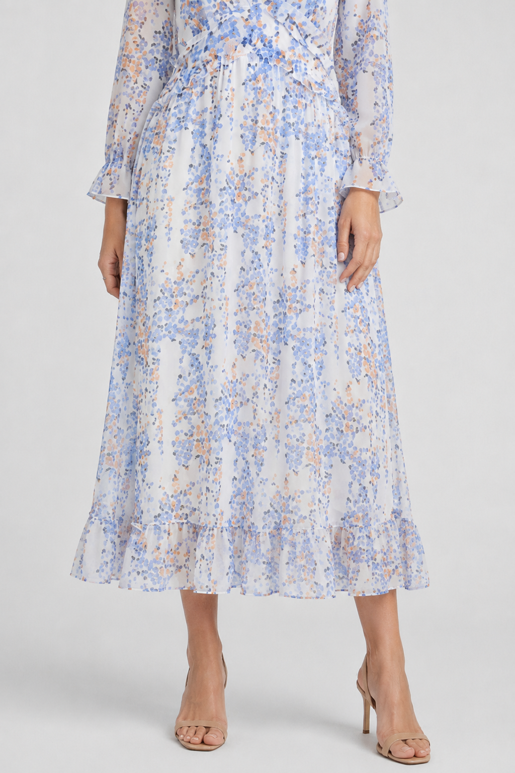 VALERIQUE | Femme Robe Longue Décontractée en Mélange de Coton Bleu et Blanc, Manches Longues, Col en V Profond