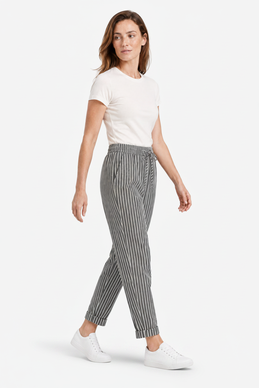 VALERIQUE | Femme pantalon à rayures droit en coton à taille élastiquée avec cordon longueur cheville taille mi-haute