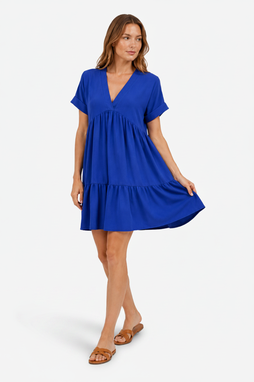 VALERIQUE | Robe Ample Col V pour Femme – Manches Courtes et Froncée