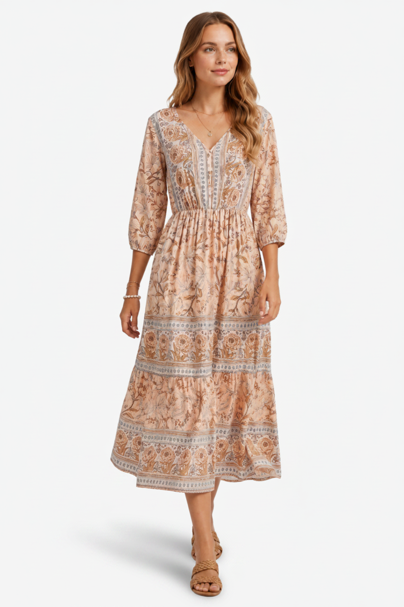 VALERIQUE | Robe Midi à Imprimé Floral pour Femme – Manches 3/4 et Col V