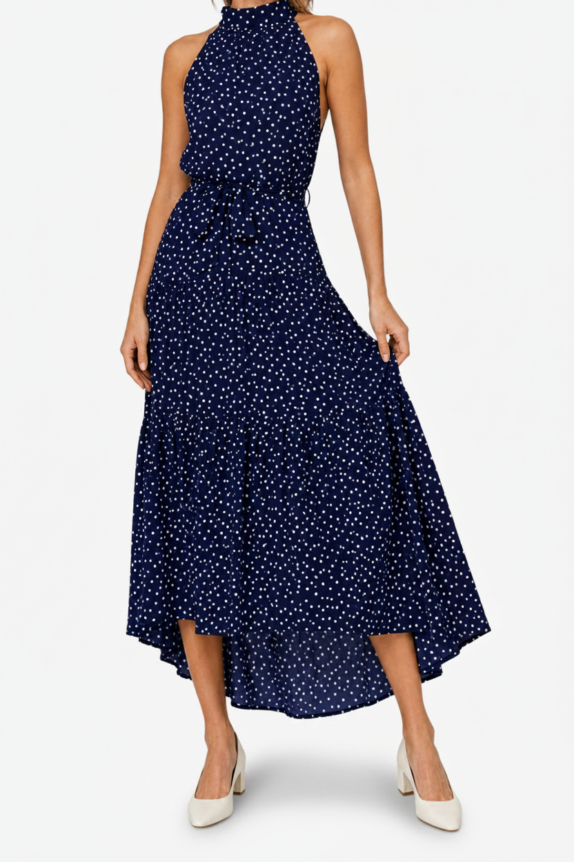 VALERIQUE | Robe Longue à Pois en Coton Léger pour Femme – Col Halter et Taille Nouée