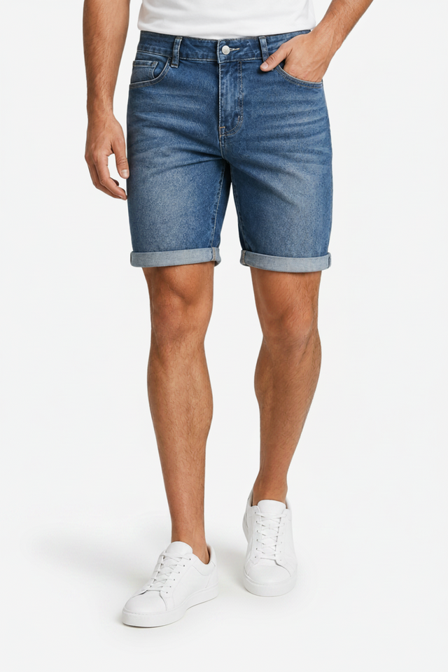 VALERIQUE | Homme short en jean bleu avec ourlets retroussés coupe ajustée pour usage quotidien