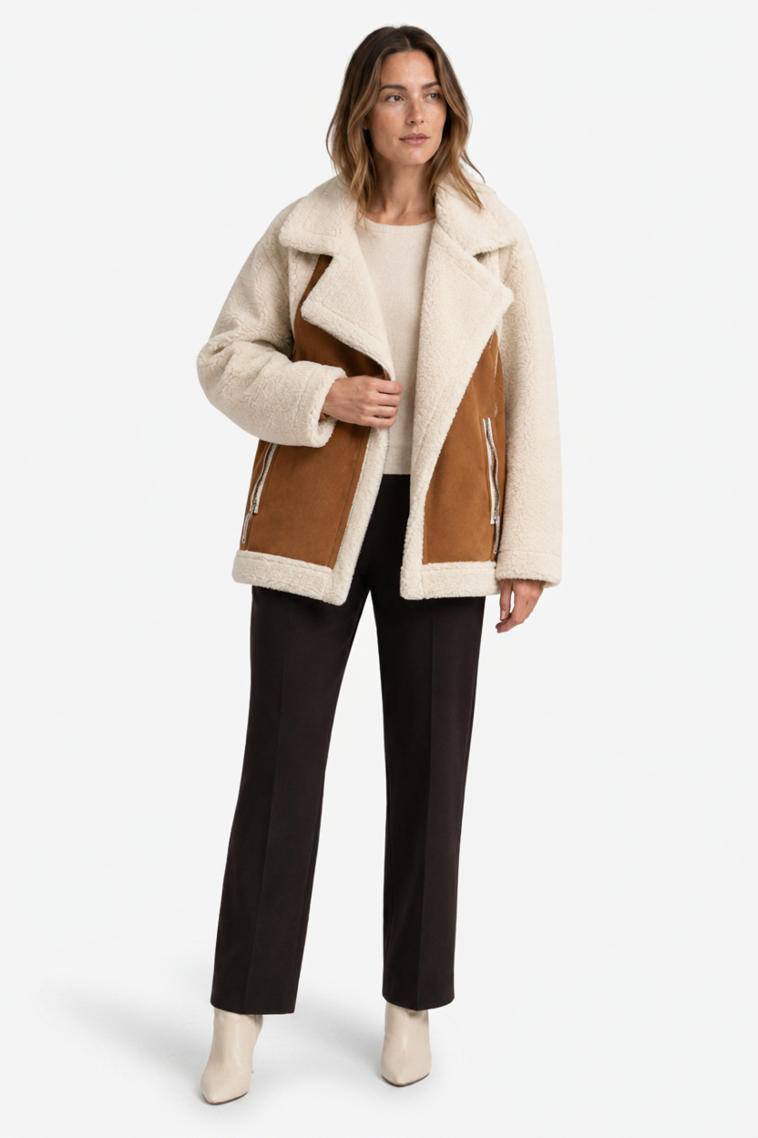 VALERIQUE | Veste Effet Peau Lainée pour Femme – Revers Oversize Panneaux Contrastants Fermeture Zippée