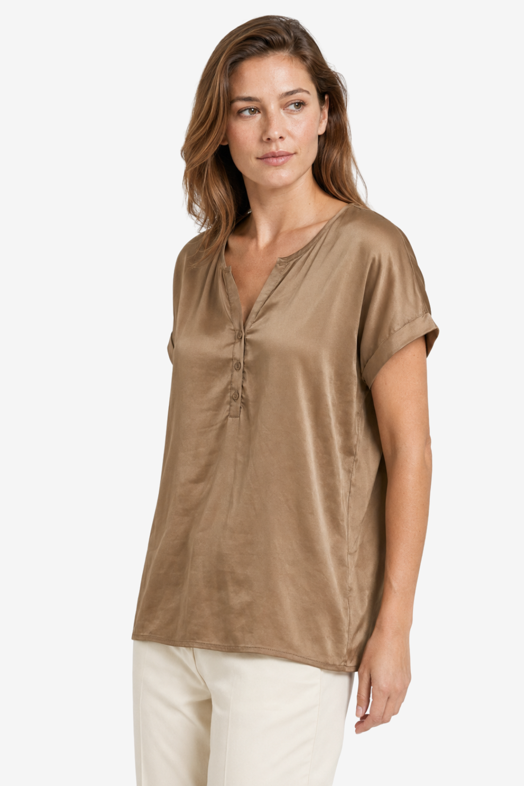 VALERIQUE | Femme blouse satinée à manches courtes avec col ouvert et patte boutonnée pour usage quotidien
