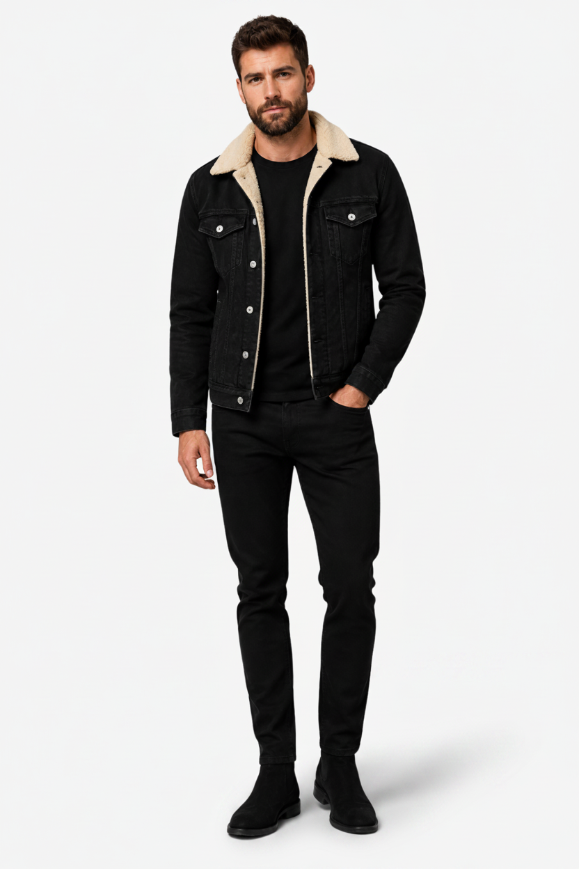 VALERIQUE | Veste en Jean pour Homme – Col Sherpa Fermeture Boutonnée Design Décontracté