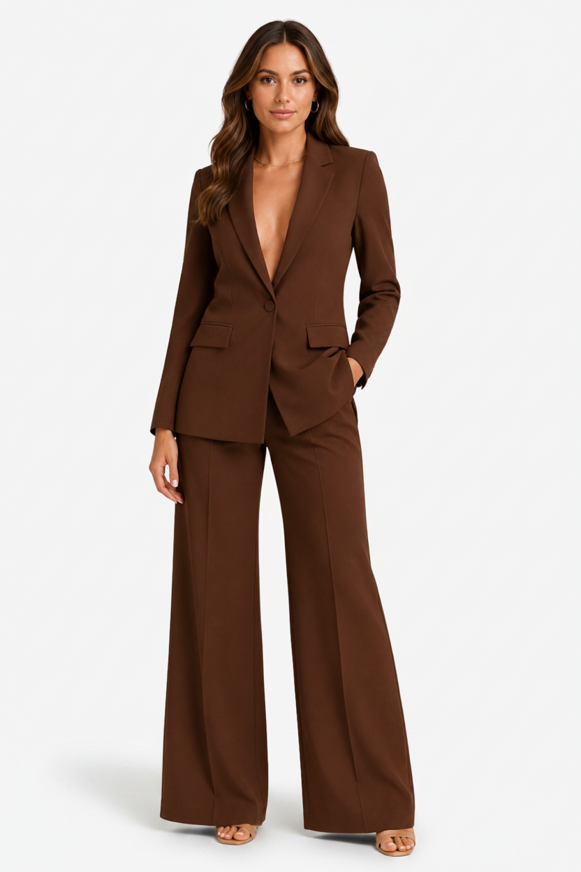 VALERIQUE | Ensemble Tailleur Deux Pièces pour Femme – Blazer à Bouton Unique Pantalon Large Design Élégant