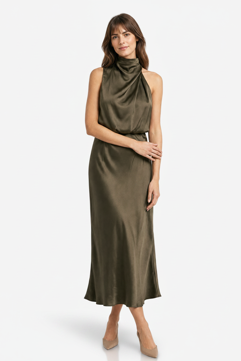 VALERIQUE | Femme Robe midi sans manches coupe ajustée col drapé style fluide