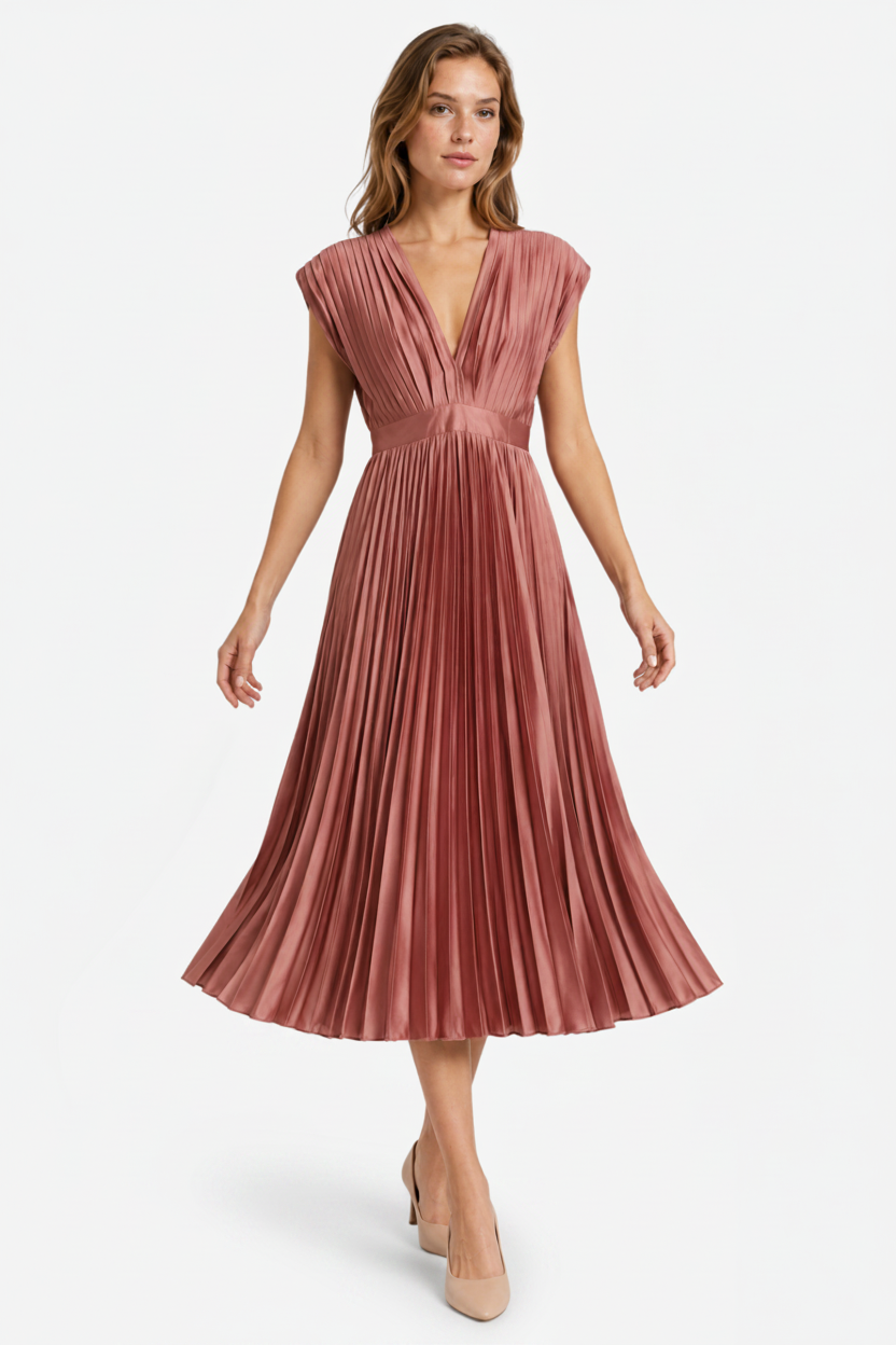 VALERIQUE | Femme Robe midi plissée coupe évasée col V style fluide