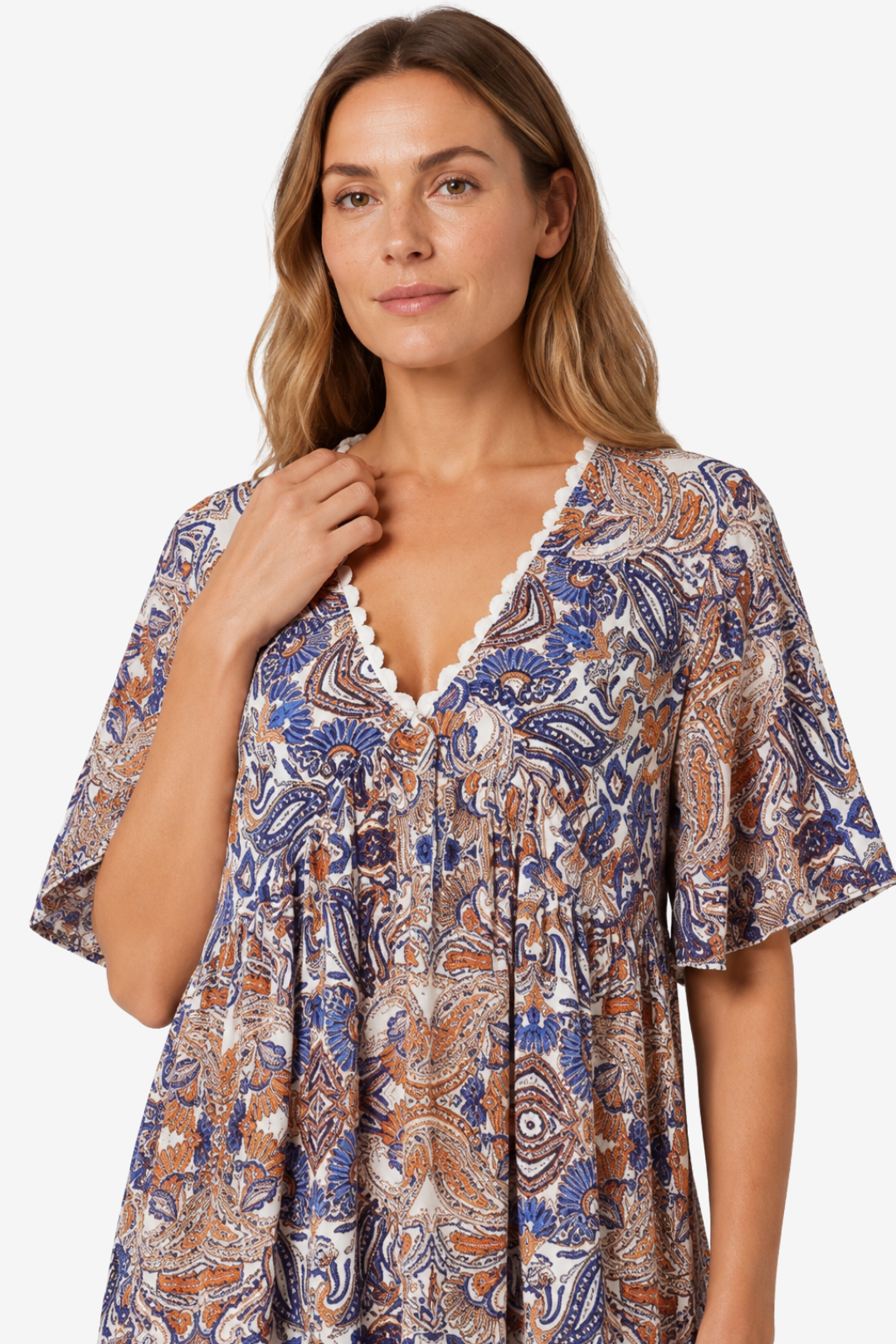 VALERIQUE | Femme Robe Boho Décontractée en Mélange de Coton Bleu et Jaune, Manches Courtes, Col en V Profond