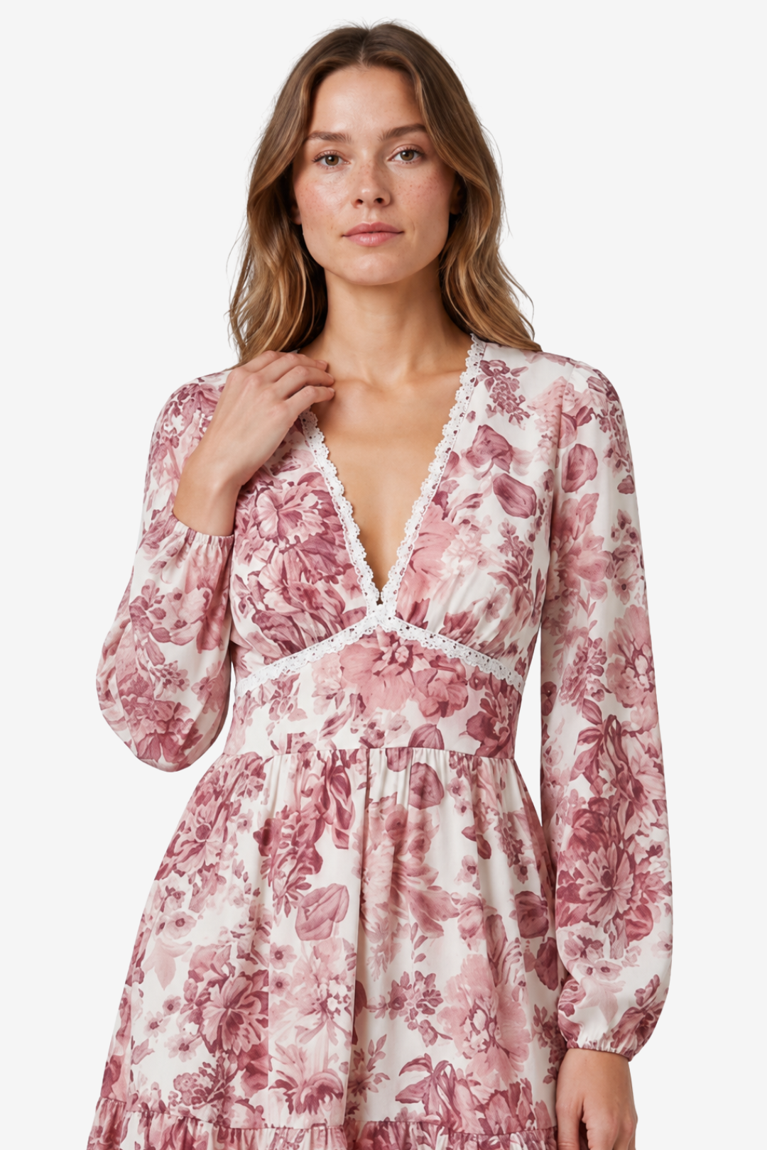 VALERIQUE | Femme Robe Florale Décontractée en Mélange de Coton Rose et Bleu, Manches Longues, Col en V Profond
