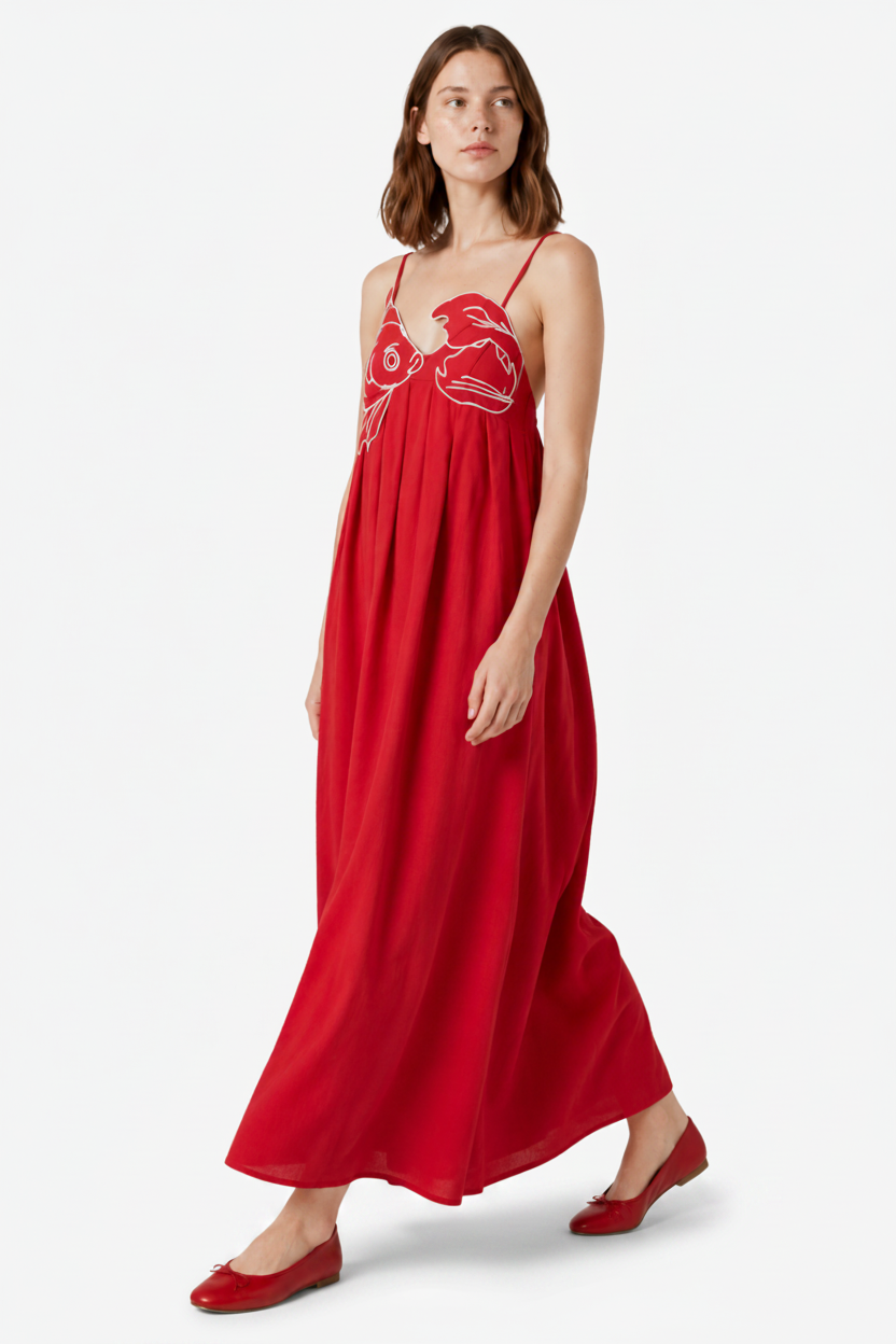 VALERIQUE | Femme Robe Maxi Décontractée en Mélange de Coton Rouge et Noir, Imprimé Poisson Blanc, Bretelles Ajustables