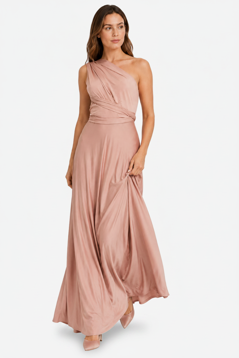 VALERIQUE | Femme Robe Longue Asymétrique pour Femme - Rose Poudré et Beige