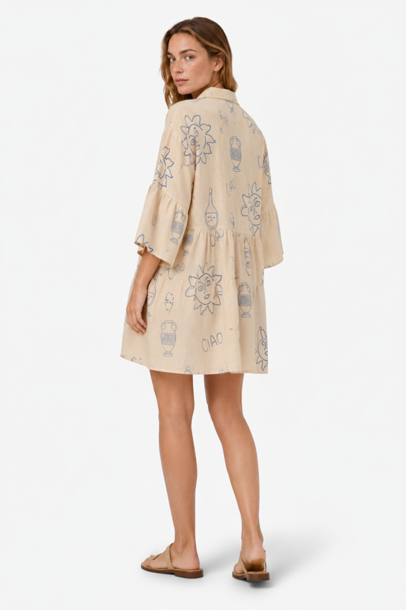 VALERIQUE | Femme Robe Décontractée A-Line en Mélange de Coton Beige, Imprimé, Manches Larges à Volants