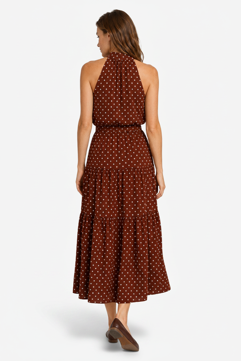 VALERIQUE | Robe Midi à Pois en Coton Léger pour Femme – Col Halter et Taille Ajustable