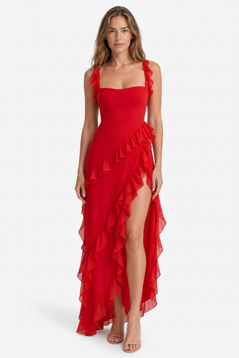 VALERIQUE | Robe Asymétrique à Volants en Coton Léger pour Femme – Fente Haute