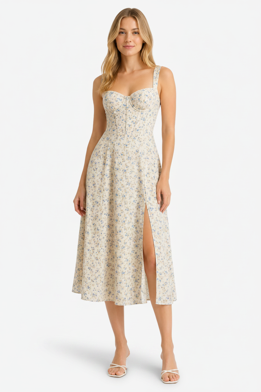 VALERIQUE | Robe midi beige à imprimé floral avec bretelles fines et fente latérale pour usage estival