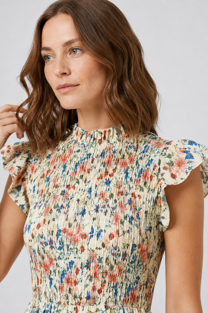 VALERIQUE | Robe Midi Fleurie pour Femme – Taille Smockée