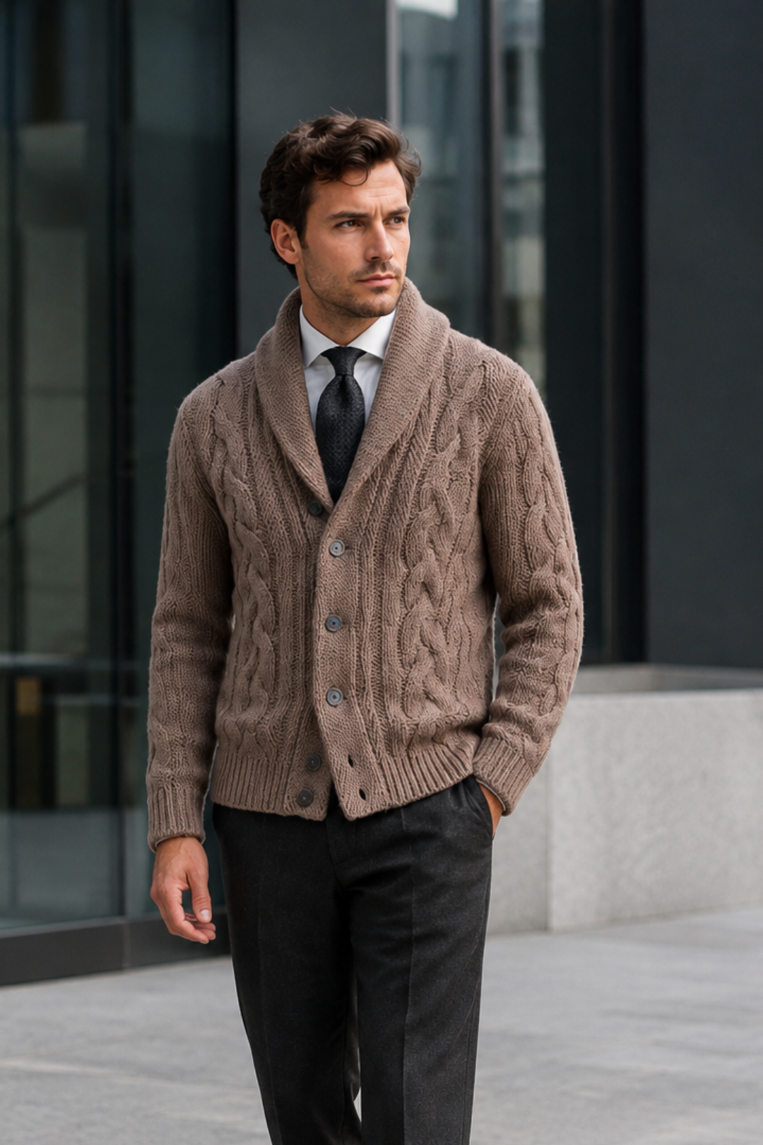 VALERIQUE | Cardigan en Maille Torsadée pour Homme – Col Châle Fermeture Boutonnée