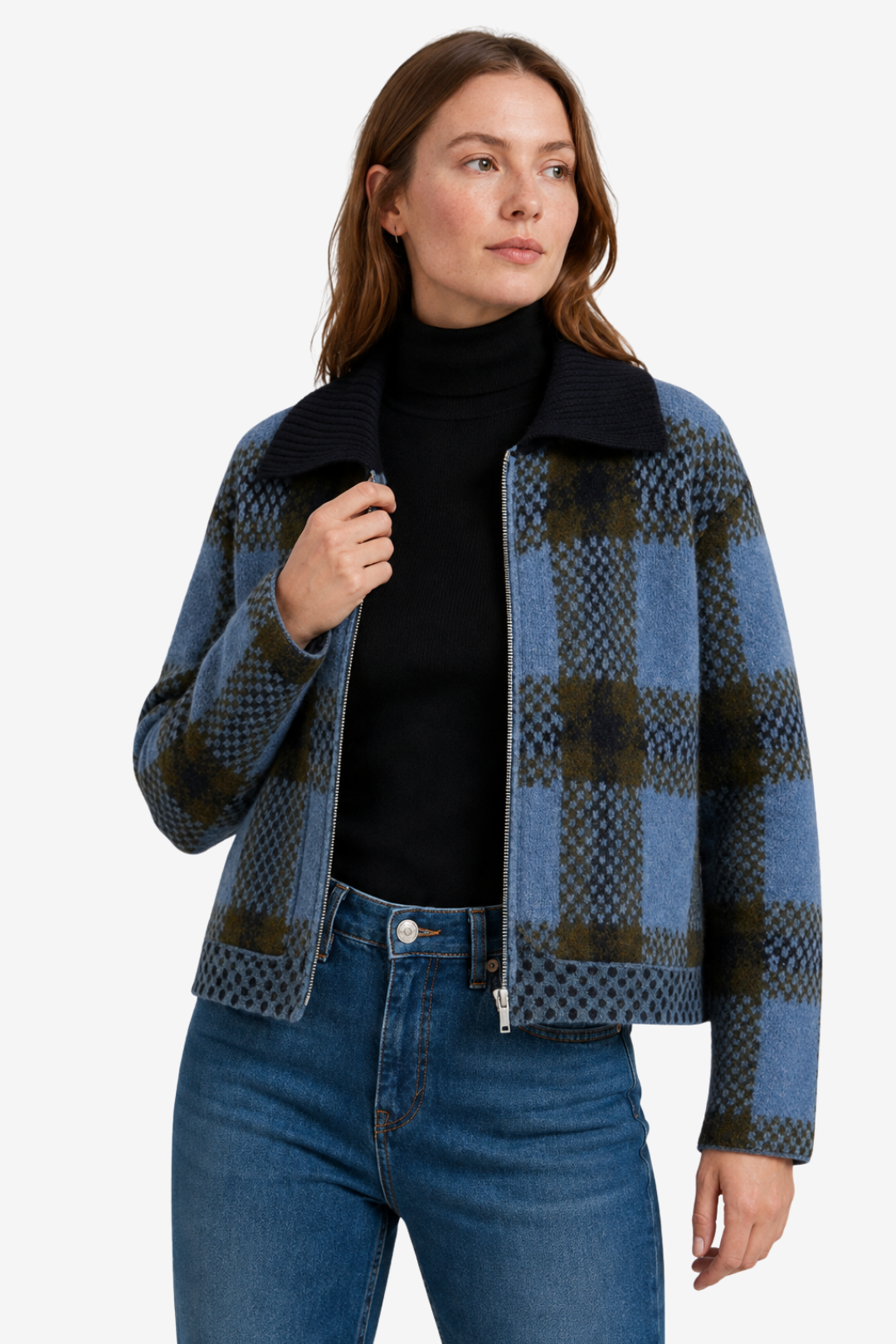 VALERIQUE | Veste Zippée Tricotée à Carreaux pour Femme – Col Revers