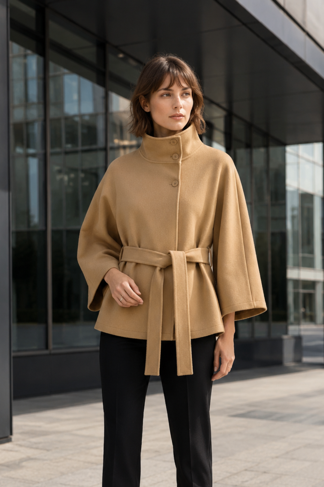 VALERIQUE | Manteau Cape Ceinturé pour Femme – Col Haut Manches Larges Design Structuré
