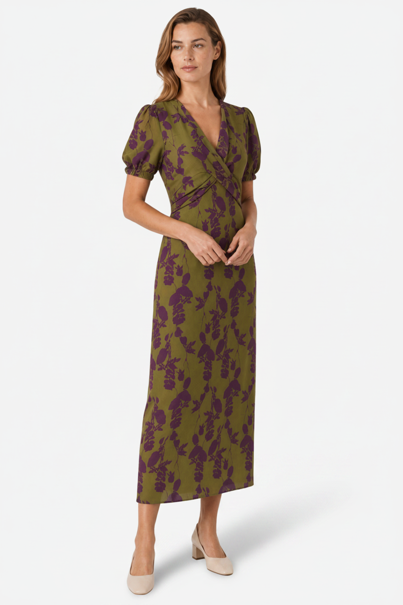 VALERIQUE | Femme Robe midi imprimé coupe ajustée col croisé manches courtes style décontracté