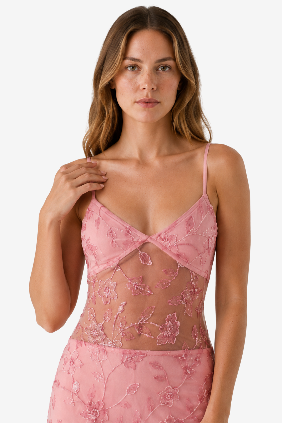 VALERIQUE | Robe Longue Brodée Transparente pour Femme – Bretelles Fines et Coupe Ajustée