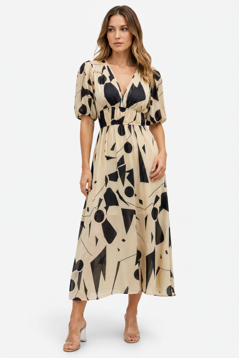 VALERIQUE | Robe Maxi Géométrique pour Femme – Manches Bouffantes