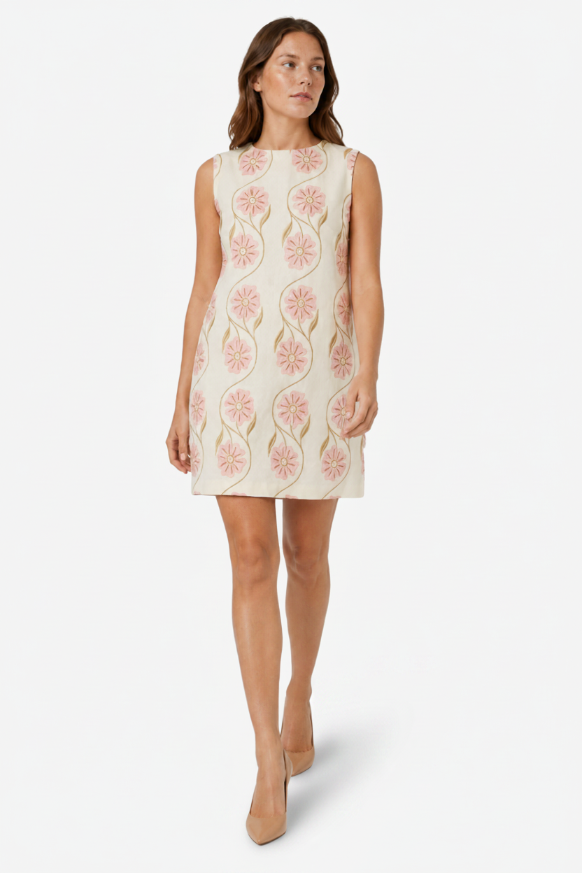 VALERIQUE | Robe Brodée Fleurie pour Femme - Crème et Rose