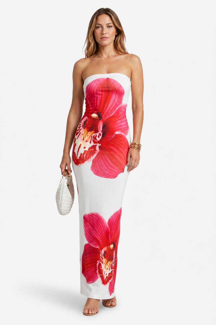 VALERIQUE | Robe Maxi Sans Bretelles Fleurie pour Femme – Coupe Ajustée