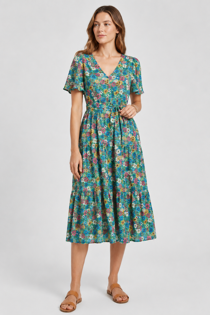 VALERIQUE | Robe Midi Fleurie pour Femme – Manches Courtes et Boutonnée