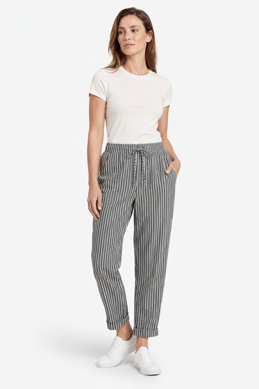 VALERIQUE | Femme pantalon à rayures droit en coton à taille élastiquée avec cordon longueur cheville taille mi-haute