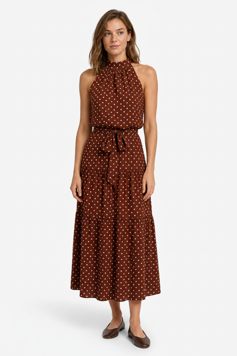 VALERIQUE | Robe Midi à Pois en Coton Léger pour Femme – Col Halter et Taille Ajustable