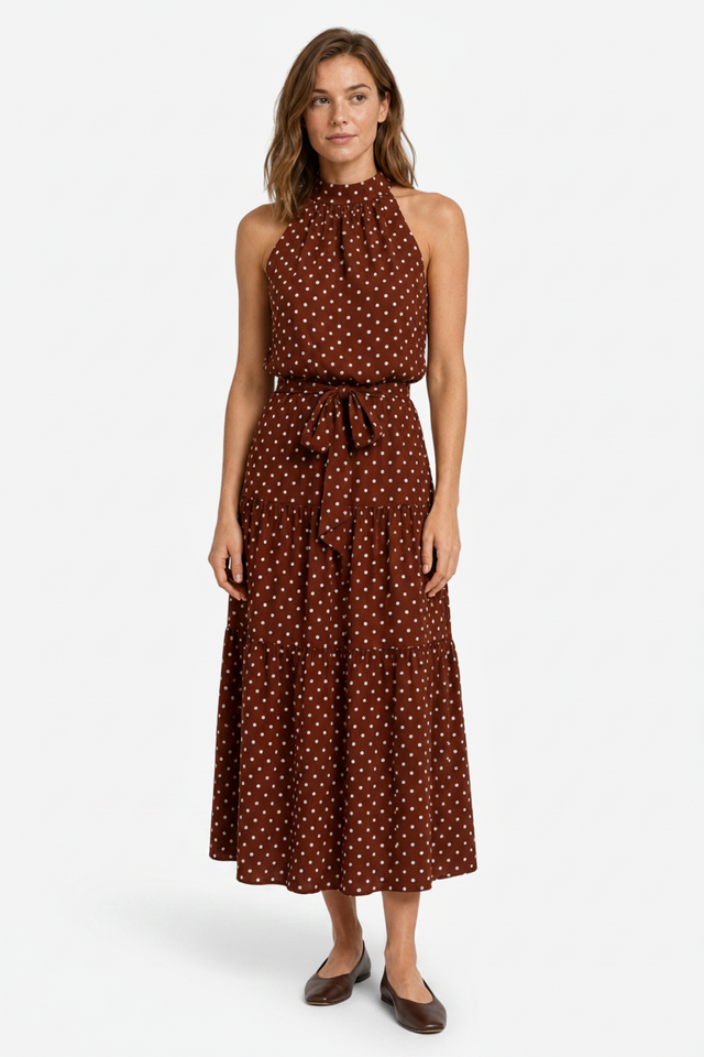 VALERIQUE | Robe Midi à Pois en Coton Léger pour Femme – Col Halter et Taille Ajustable