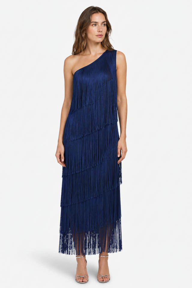 VALERIQUE | Femme Robe Formelle Asymétrique en Mélange de Coton Bleu, Franges Fluides, Bretelle Unique