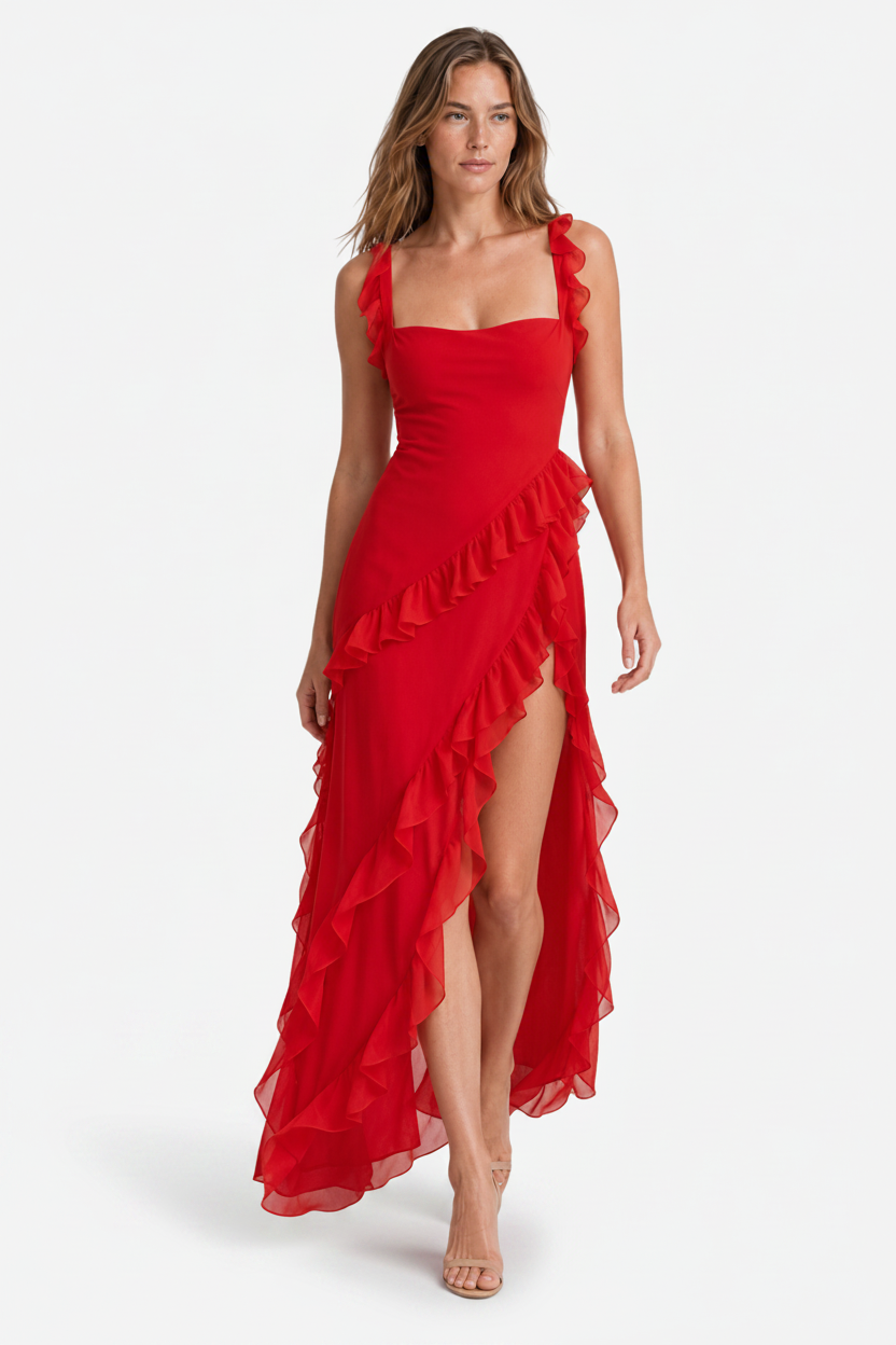VALERIQUE | Robe Asymétrique à Volants en Coton Léger pour Femme – Fente Haute