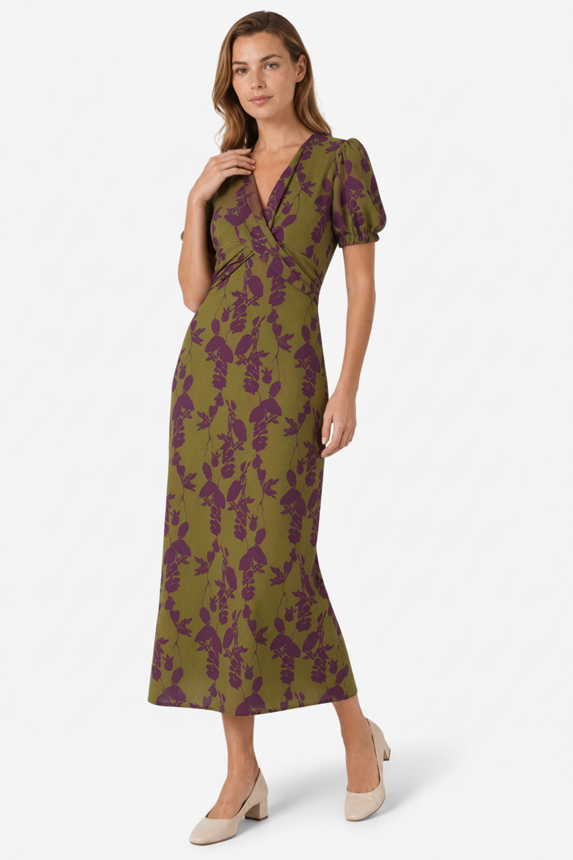 VALERIQUE | Femme Robe midi imprimé coupe ajustée col croisé manches courtes style décontracté